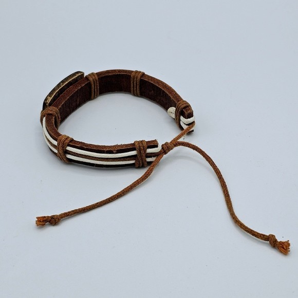 Leather Bracelet Hemp Cord Carved Rainbow Lightning Brown Tan Adjustable Slide - Picture 5 of 11
